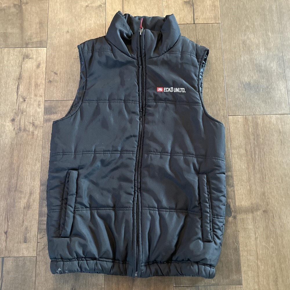 Ecko Unltd Mens Puffer Vest Size S Black Full Zip‎ Pockets